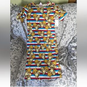 Lularoe Julia Yellow, Red, and Blue Dress XS Stars and Stripes Wonder Woman